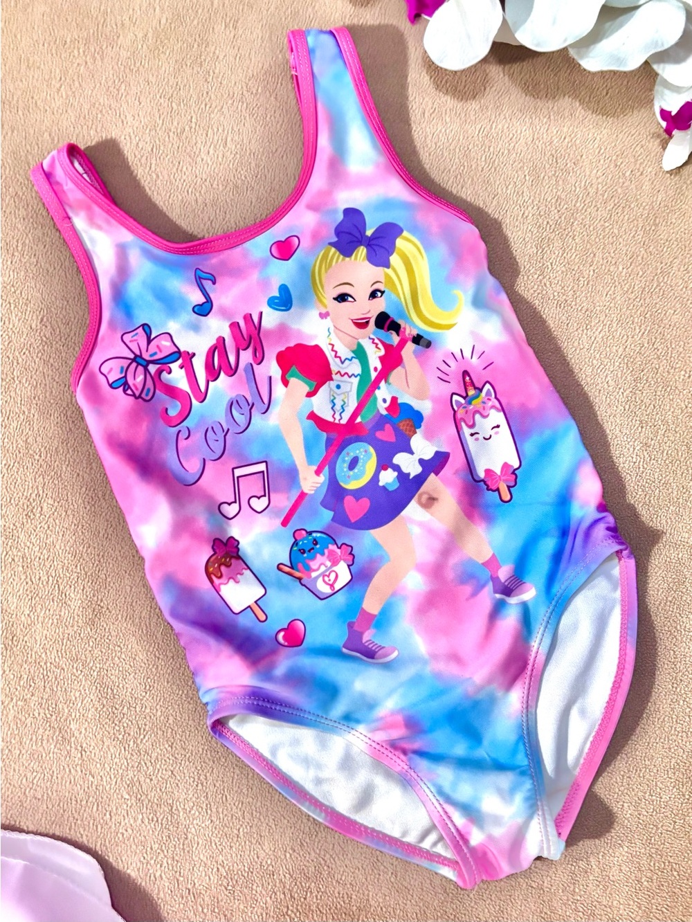 JoJo Siwa Girls Pastel Tie‑Dye “Stay Cool” Graphic One‑Piece Swimsuit XS (4–5)